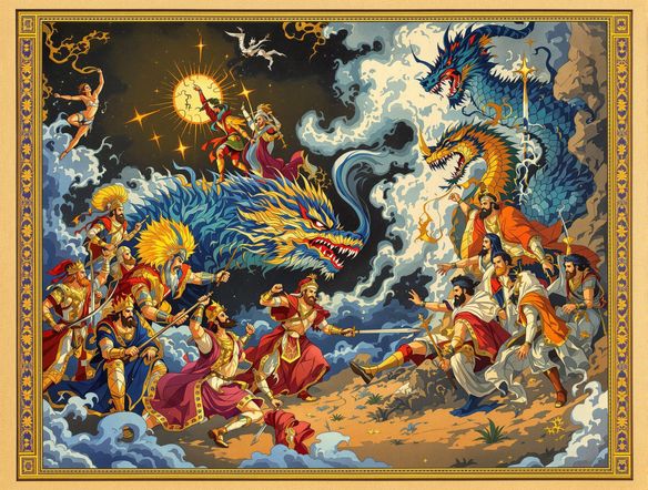 A dramatic scene from the Shahnameh, featuring warriors and mythical beasts, in the style of Islamic miniature painting, AI generated illustration, detailed figures, ancient Persian manuscript aesthetic.