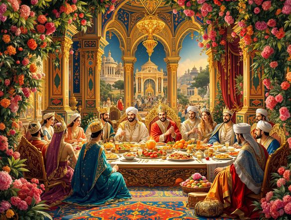 A vibrant Persian miniature illustration depicting a royal feast, intricate details of clothing, architecture, and flora, with a subtle AI-generated artistic flair.