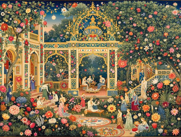A vibrant Persian miniature painting of a royal garden scene, intricate floral details, rich colors, AI generated Persian art style, traditional motifs, high detail.