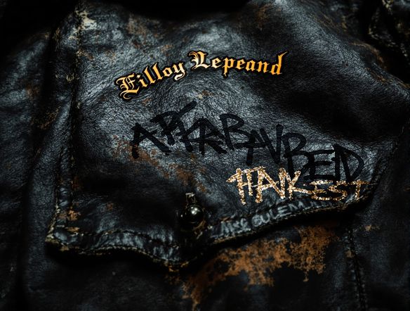 Close-up of a vintage leather jacket with a heavily distressed texture, faded band logo, and subtle graffiti elements. Dark, moody lighting, high detail. Rebellious aesthetic AI, distressed texture generator.