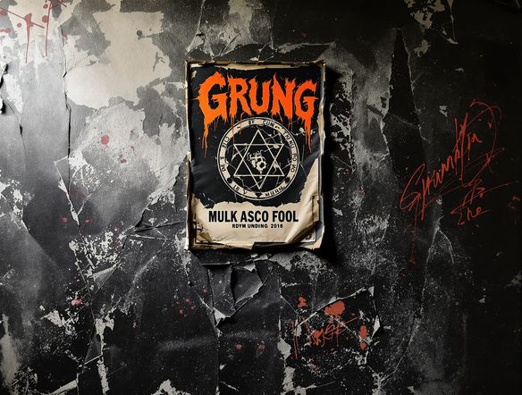 A gritty, textured background with ripped posters, spray paint splatters, and a vintage band logo, embodying the raw energy of grunge aesthetic art.