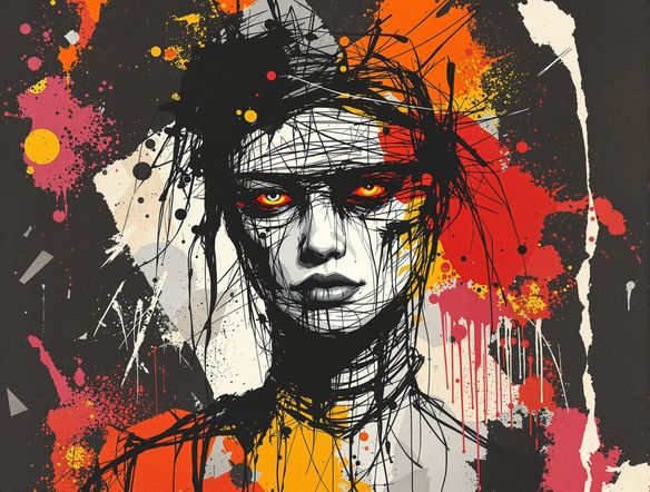 A dynamic, high-contrast grunge poster with spray paint splatters, torn paper effects, and a central abstract figure. Use a dark, muted color palette. Grunge aesthetic, gritty art generator.