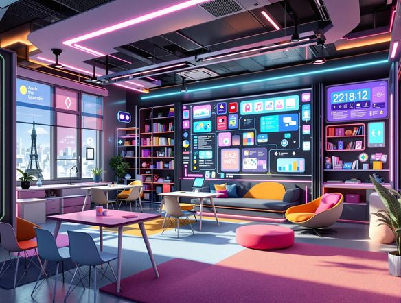 A well-organized classroom design featuring clearly defined learning zones and a comfortable reading corner. Incorporate technology seamlessly into the design. Focus on creating a space that is both functional and aesthetically pleasing. Layout resembles a digital design from an online card generator.