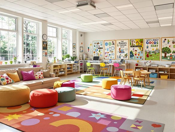A bright, airy classroom design featuring flexible seating arrangements and collaborative workspaces. Natural light streams through large windows. Include colorful, engaging elements that stimulate learning. A welcoming space ready for students. Resembles a greeting card, vibrant and inviting.