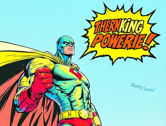 A vibrant comic panel featuring a superhero delivering a powerful line, the speech bubble dynamically designed with bold fonts and a unique shape. Use for a band logos generator.