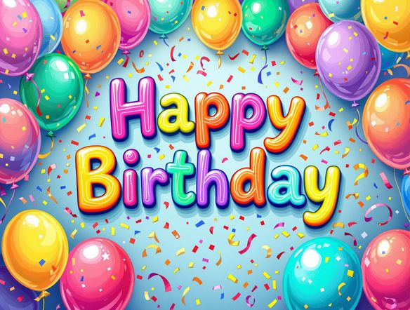 A vibrant and joyful birthday card design featuring balloons, confetti, and a festive "Happy Birthday" message, rendered in a modern, playful style.