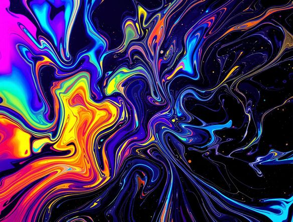 An abstract artwork featuring swirling, iridescent colors on a dark background, with prominent areas of high-gloss UV light printing effect, creating a sense of depth and texture.