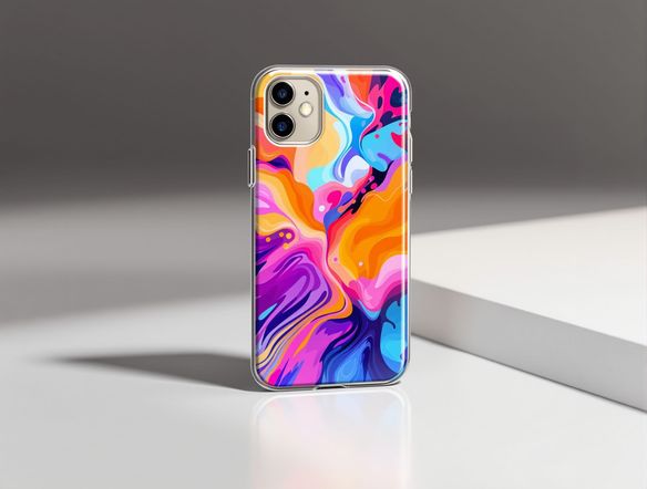 A minimalist product mockup of a smartphone case, showcasing a vibrant abstract design with a hyper-realistic glossy UV print effect, bright studio lighting.