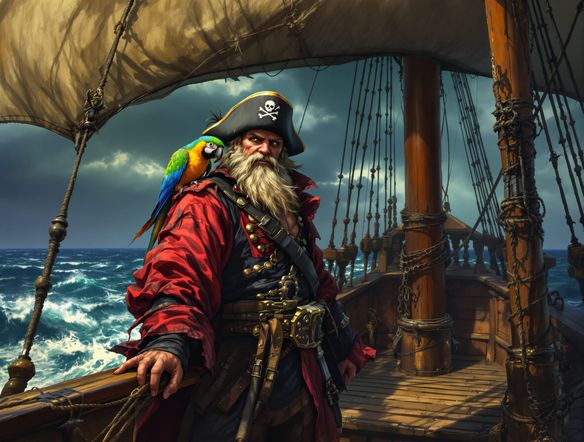 A grizzled pirate captain with a parrot on his shoulder, standing on the deck of a grand pirate ship, detailed illustration, fantasy art, high seas background, realistic lighting.