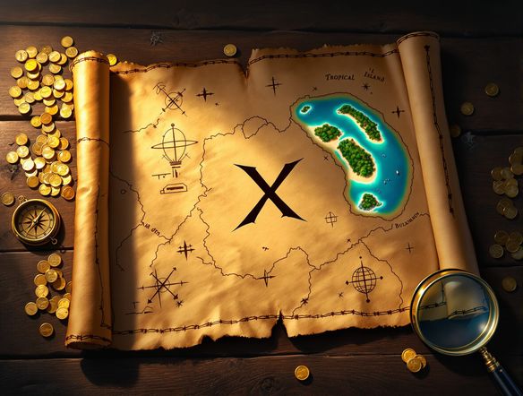 A treasure map unfurled on a wooden table, revealing an 'X' marking a tropical island, surrounded by gold coins and a compass, atmospheric lighting, high detail, digital painting.