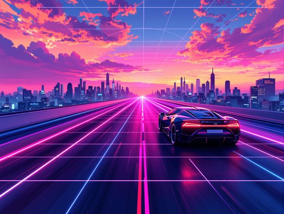 A vibrant synthwave cityscape at sunset, with neon pink and blue grid lines stretching into the distance, retro sports car driving on a highway, digital sunset.