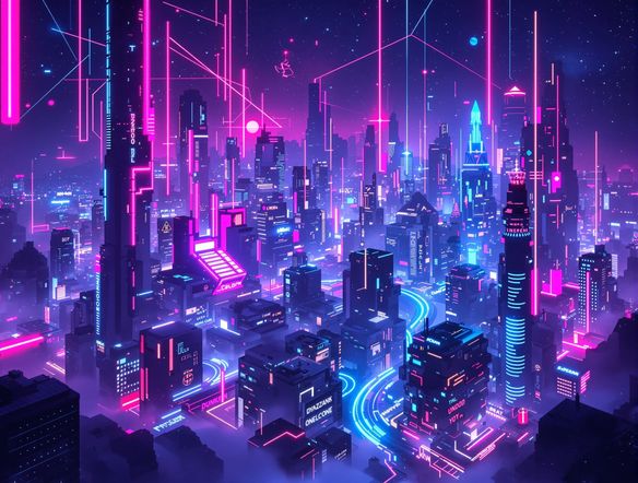 A futuristic cityscape at night, bathed in vibrant neon lights and reflections, with geometric shapes and glowing lines, retrowave neon design, synthwave wallpaper generator, cyberpunk aesthetic.