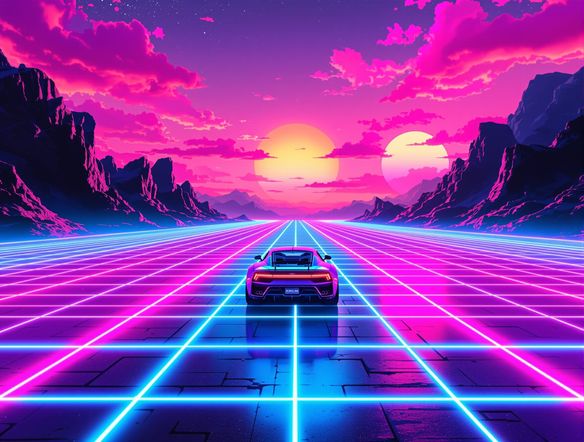A vibrant synthwave landscape with a neon grid stretching to the horizon, a lone sports car driving towards a setting sun, 80s retro wave generator, vaporwave style art, neon pink and blue.