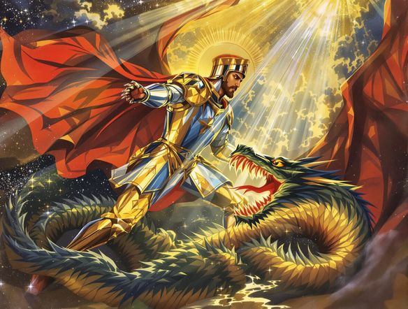 A vibrant, stylized depiction of Saint George slaying the dragon in the distinct Novgorod School icon style, with rich colors and a sense of divine light.