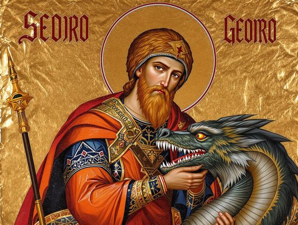 A Saint George Russian Orthodox icon, generated in the ancient Novgorod icon painting style AI, vibrant colors, gold leaf details, solemn expression, wooden panel texture.