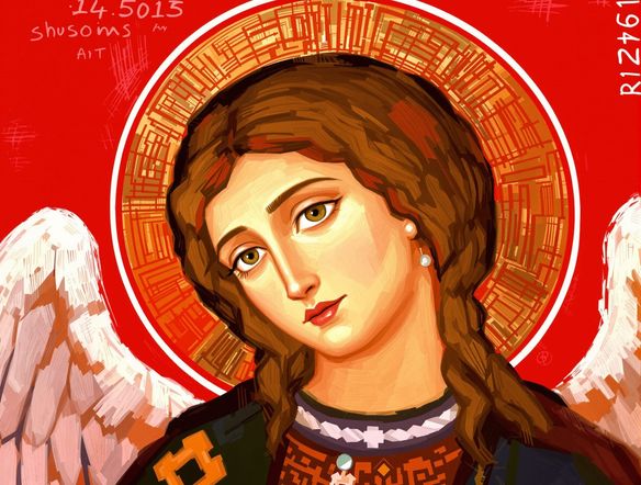 An angel icon in the medieval Russian icon art style, showcasing characteristic Novgorod icon features like a bright red background, bold outlines, and a serene face, digital painting.