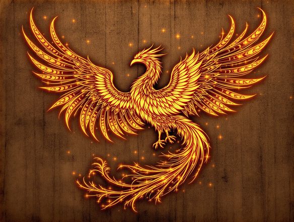 A detailed, intricate wood burning design of a majestic phoenix, showcasing fine lines and shading, generated by an AI pyrography tool, on a rustic wooden surface.