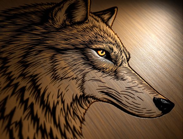 Close-up of a piece of polished wood featuring a highly detailed, realistic portrait of a wolf, rendered with precise wood engraving AI techniques, showcasing subtle textures and depth.