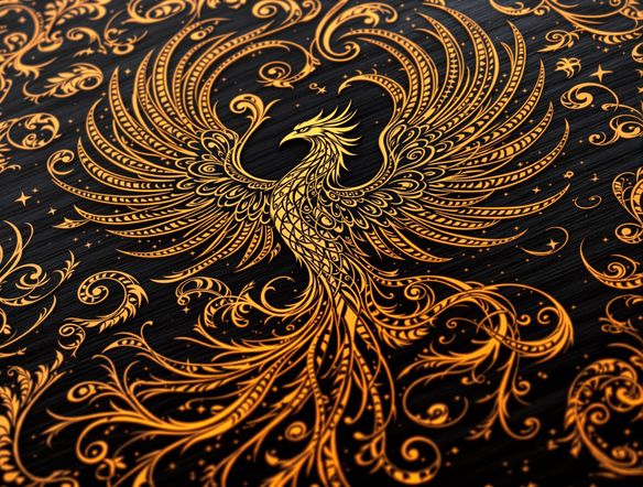 A close-up of intricate wood burning art on a dark wooden surface, showcasing swirling patterns and a stylized phoenix, with a subtle glow emanating from the burned lines.