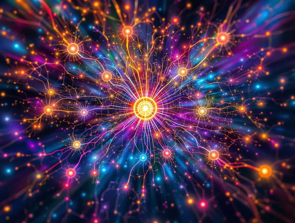 A vibrant mind map with interconnected nodes representing ideas and concepts, illuminated by a central glowing node, digital art.