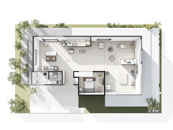 A top-down view of a modern house floor plan, showcasing an open-concept living area, a master bedroom with ensuite, and a spacious kitchen. Use clean lines and a minimalist aesthetic, with natural light streaming through large windows. Architectural rendering, photorealistic.