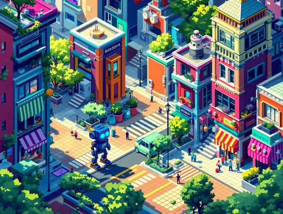 A vibrant isometric pixel art cityscape with a small robot exploring, rendered in a retro 16-bit style with a bright color palette.