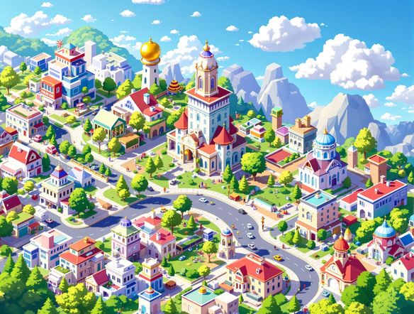 A vibrant isometric pixel art city scene, detailed buildings, tiny characters, lush trees, a winding road, clear blue sky, 3D pixel art generator style.