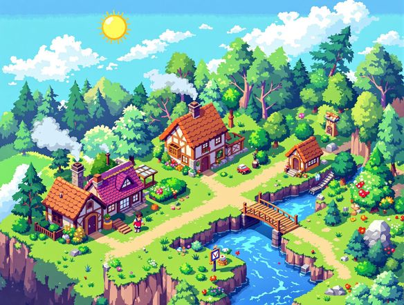 A charming isometric pixel art village, cozy cottages, a small river, a wooden bridge, a pixelated sun in the sky, retro 3D pixel art style.