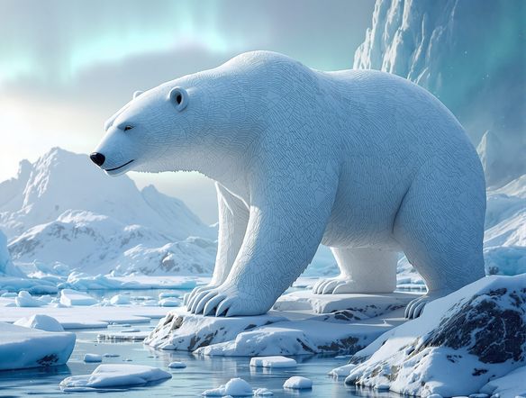 A majestic Inuit-inspired digital sculpture of a polar bear, rendered in a traditional Arctic art style AI, set against a backdrop of icy landscapes. The carving should evoke a sense of power and solitude.