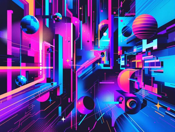 An abstract, vibrant anti-design poster generator artwork, featuring a blend of 80s retro graphic design AI elements, glitch effects, and contrasting geometric shapes, energetic composition.