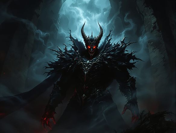 A brooding, imposing villain with glowing red eyes, standing in a dimly lit, gothic castle hall. The atmosphere is thick with smoke and shadows. Detailed character design.