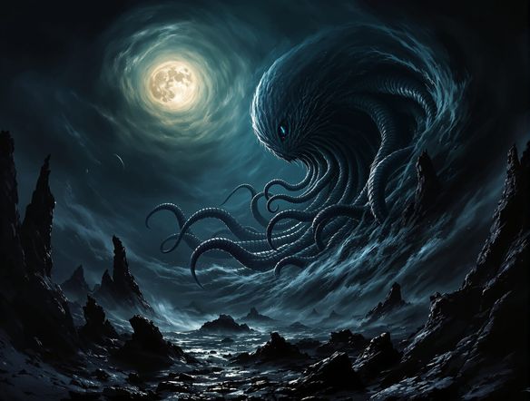 A colossal, tentacled creature emerging from a swirling, dark vortex against a stormy, moonlit sky. Eerie, foreboding landscape with jagged rocks. Ominous art style.