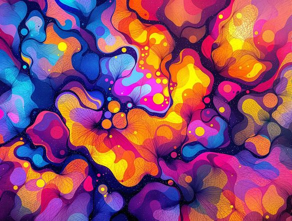 A visually striking digital monotype print showcasing abstract organic shapes and vibrant color blending, created using an AI unique print generator, high resolution.