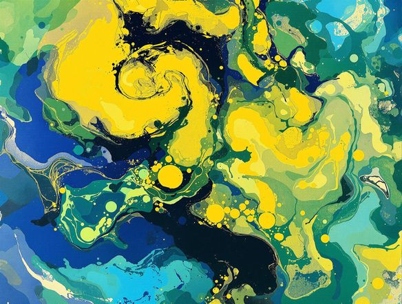 Abstract monotype print with swirling colors of deep blue, emerald green, and golden yellow, featuring organic textures and a sense of depth, rendered with painterly brushstrokes.