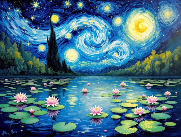 A serene landscape with water lilies, rendered in a vibrant monet style, transitioning into a swirling starry night sky in the van gogh art effect.