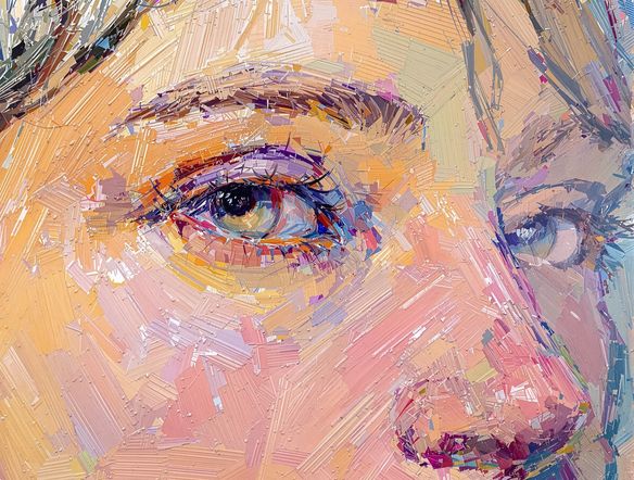 Close-up of a portrait, showcasing detailed, textured brushstrokes from an oil painting filter, with soft, diffused lighting characteristic of Impressionism.