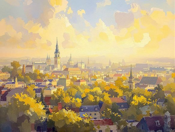 A vibrant cityscape bathed in the soft, dappled light of late afternoon, rendered in the distinct brushstrokes of Impressionism, inspired by Monet.