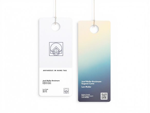 Create a modern hang tag design with a geometric logo, incorporating a subtle color gradient. The tag should have a clean, minimalist layout with a focus on readability and brand recognition. Include a small QR code.