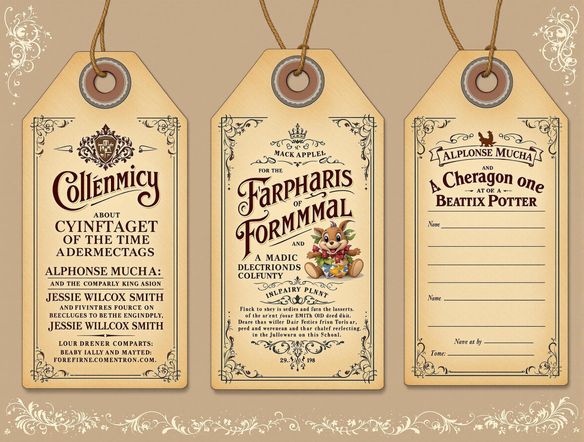 Generate a vintage-inspired hang tag design with ornate typography and a classic emblem. Use a sepia tone color palette and incorporate distressed textures to give it an authentic, aged look. Add a small, elegant illustration.