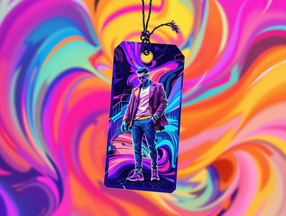 A vibrant hang tag design featuring a neon color palette, showcasing a modern logo, floating in a dynamic, abstract background.