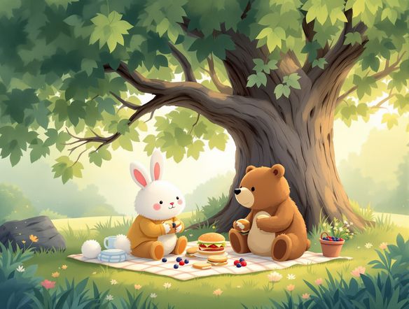 A cheerful children's book illustration featuring a friendly bear and rabbit sharing a picnic under a large oak tree, in a soft, storybook style.