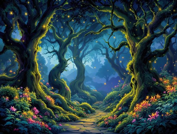 A vibrant, painterly illustration of a mystical forest with glowing flora, rendered in a fantasy art style, suitable for a story book.