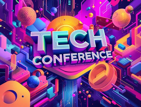 A vibrant and dynamic poster design featuring bold typography and abstract geometric shapes. Incorporate elements suitable for advertising a tech conference. Use a futuristic color palette with neon accents. Highly detailed, digital art.
