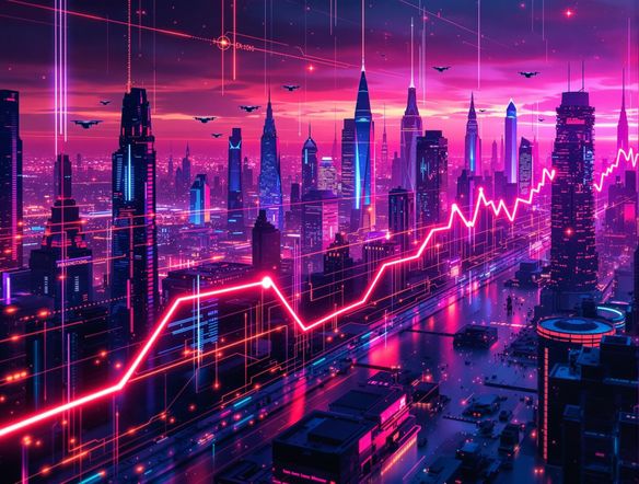 A vibrant and dynamic line graph, data points glowing with neon colors, set against a futuristic cityscape backdrop, digital art.