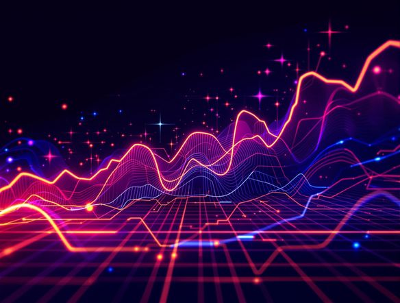 A vibrant, abstract line chart with glowing neon lines against a dark background. Futuristic, minimalist design. Wallpaper generator for pc, resolution 4k.