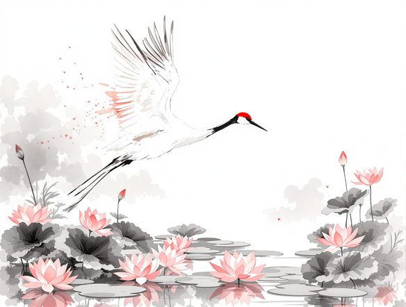 A graceful crane in flight over a tranquil pond with lotus flowers, created using a traditional Chinese art AI. The image should feature soft ink washes, subtle details, and a sense of peaceful movement, evoking a classic ink wash painting.