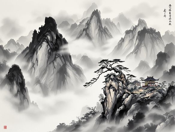 A majestic mountain landscape rendered in a classic sumi-e style AI, with mist swirling around peaks, a lone pine tree, and a small pavilion. Traditional Chinese painting aesthetic, black ink on textured paper.