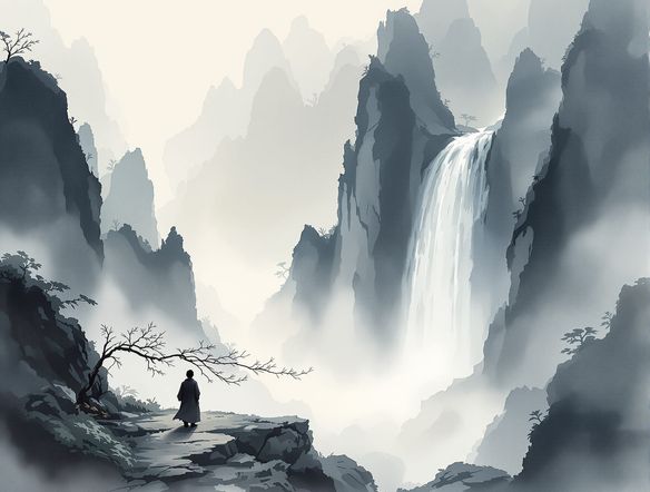 A serene landscape rendered in traditional Chinese ink wash style, featuring misty mountains, a lone scholar by a waterfall, and delicate brushstrokes, evoking a sense of tranquility and artistic depth.