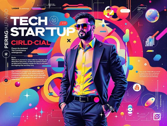 A vibrant and modern brochure design showcasing a tech startup, featuring clean lines, bold typography, and abstract geometric shapes in a digital art style. High resolution.