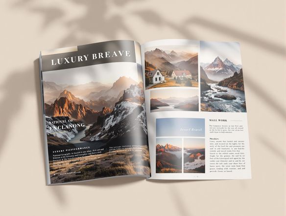 A sophisticated brochure design for a luxury travel agency, featuring stunning landscape photography, elegant serif typography, and a minimalist layout with a focus on visual storytelling. Golden hour lighting.